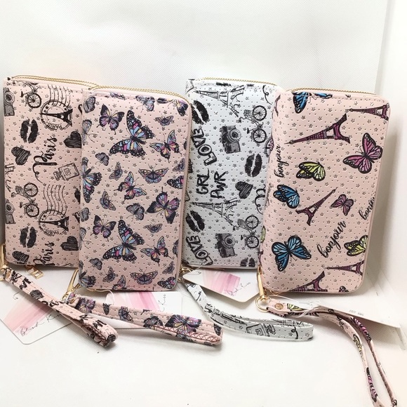 Blush Kiss Glitter Paris Eiffel Tower Butterfly Print Wristlet Wallet - Picture 1 of 10